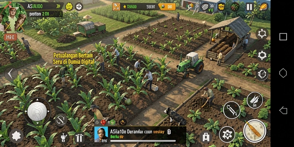 Tangkapan layar dari gameplay ASIA100 yang menunjukkan ladang subur dan hewan ternak.