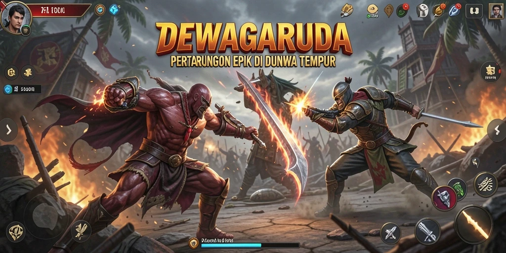 Screenshot gameplay DEWAGARUDA yang menunjukkan aksi pertarungan intens.