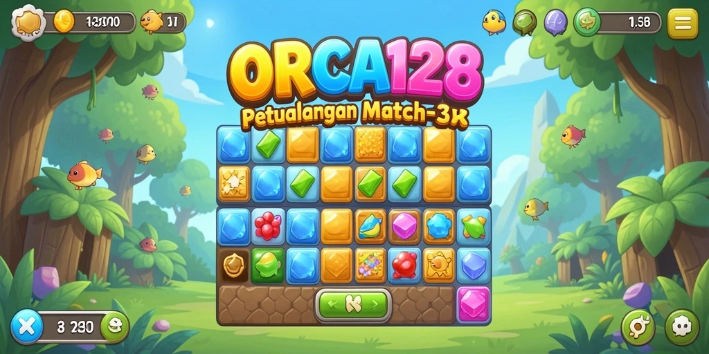 Screenshot ORCA128 menampilkan seru dan penuh warna gameplay Match-3.