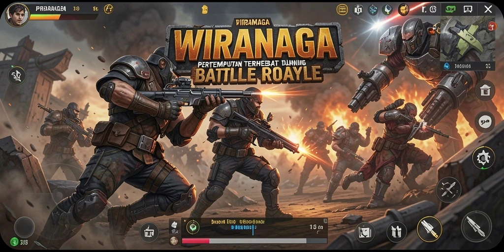 Tangkapan layar utama WIRANAGA menampilkan aksi pertempuran Battle Royale yang mendebarkan.
